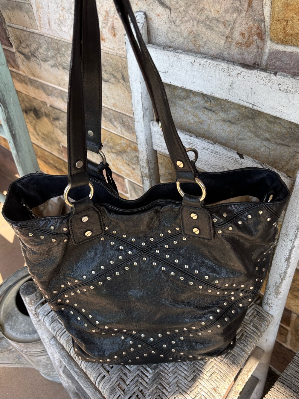Michael Kors Astor Vintage Black Studded Leather Shoulder Tote Bag - Picture 4 of 9